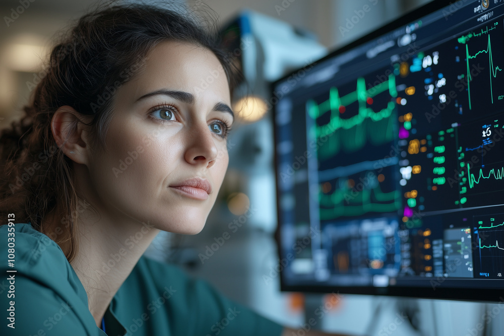 A focused nurse in high tech patient care room, monitoring vital signs on advanced medical equipment, showcasing dedication and professionalism A focused nurse in high tech patient care room, monitoring vital signs on advanced medical equipment, showcasing dedication and professionalism