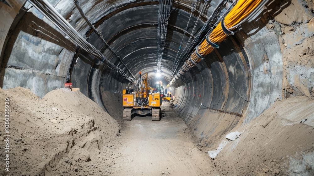 Construction machinery operating in a tunnel under a city. Construction machinery operating in a tunnel under a city.