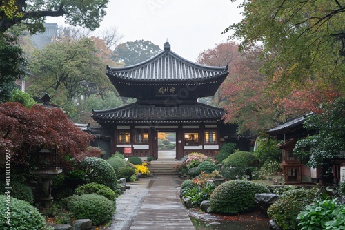 Stunning autumn path to the main gate of tofukuji temple, with vibrant trees and bushes in kyoto, japan photo