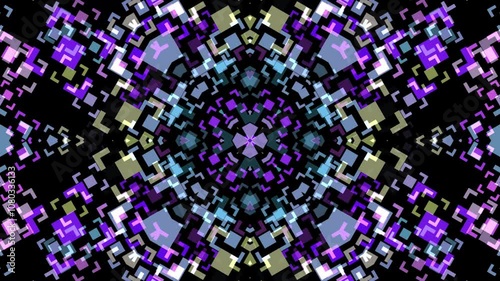Abstract Geometric Pattern with Purple, Blue, and Green Shapes on Black Background