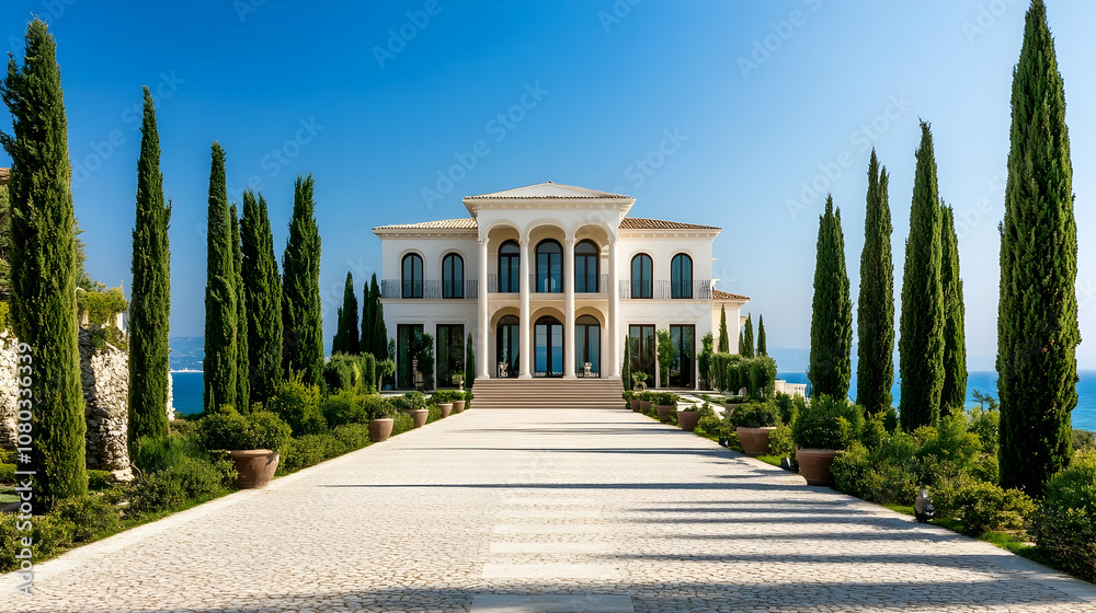 Fototapeta premium Carmel-by-the-Sea Mediterranean villa with dramatic Pacific cliffs and cypress grove, California coastal estate