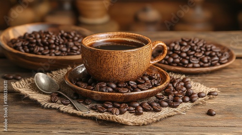 A rustic wooden cup of coffee sits on a saucer surrounded by coffee beans.