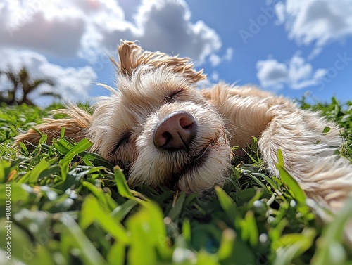 Joyful dog frolicking in lush green grass under a bright blue sky, exuding pure happiness and carefree spirit photo