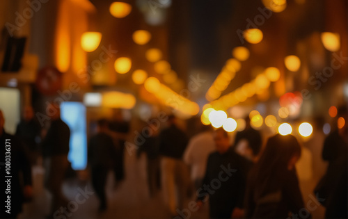 Nighttime City Street with Pedestrians Under Street Lights, Cinematic View