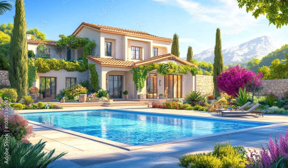 Fototapeta premium Modern house with a pool and garden, large windows and a terrace