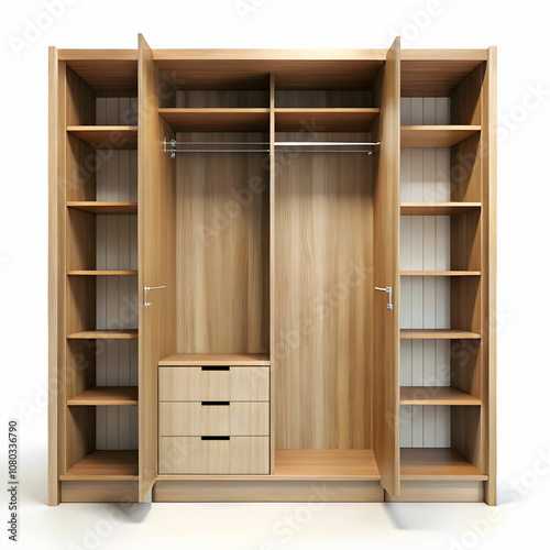 Empty open wooden wardrobe isolated on the white background 3d illustration