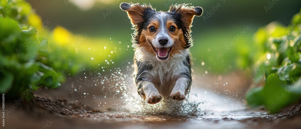 Fototapeta premium Energetic dog splashing through shallow water at the shoreline, joyfully embracing the waves and the vibrant atmosphere of a sunny day