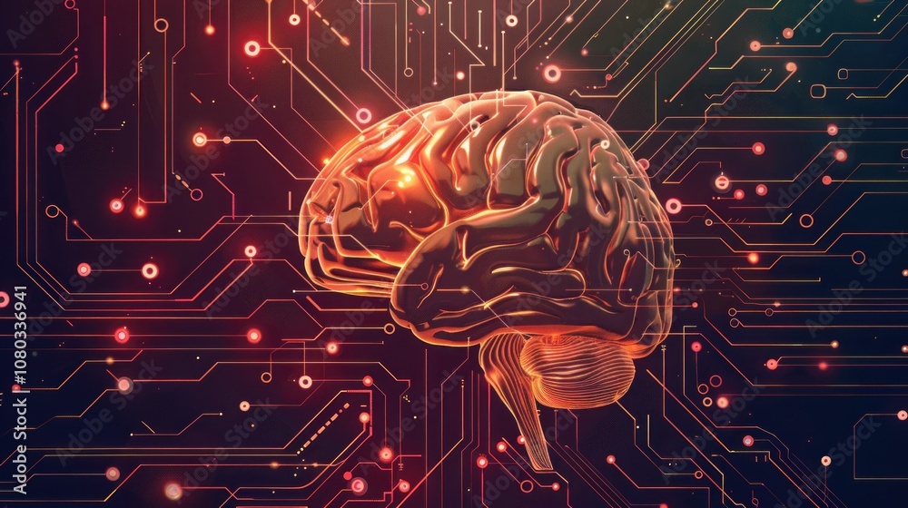 A glowing human brain is set against a background of red and orange circuit board.