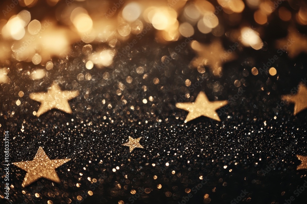 Beautiful golden stars scattered on a dark background glimmering in the light at night