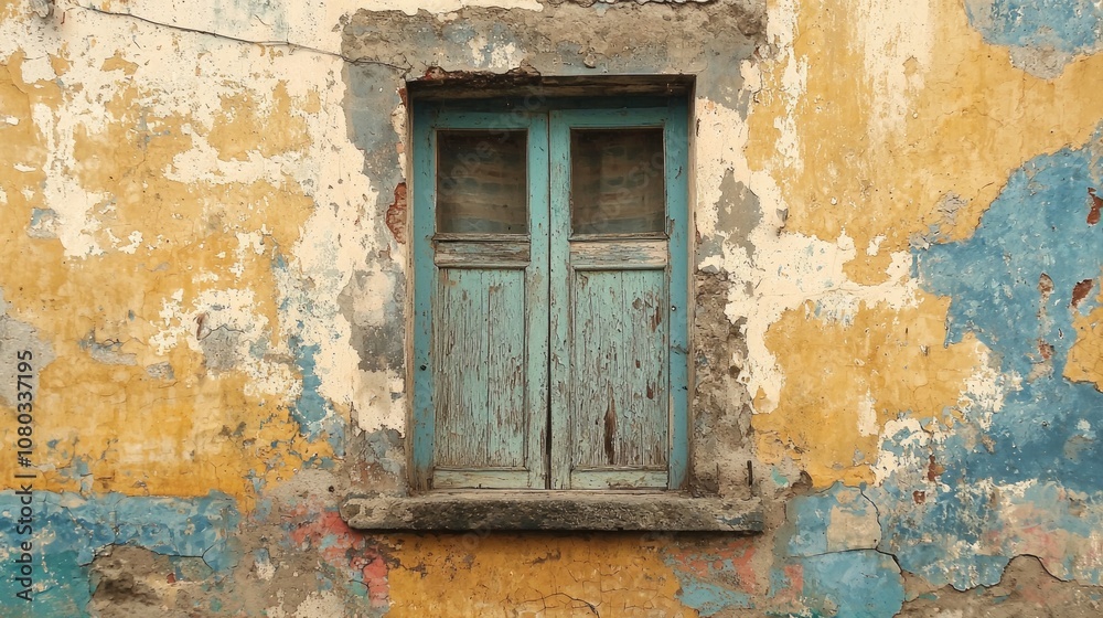 Weathered turquoise window on an old, colorful wall in a historical building, showcasing urban decay and charm in daylight Weathered turquoise window on an old, colorful wall in a historical building, showcasing urban decay and charm in daylight