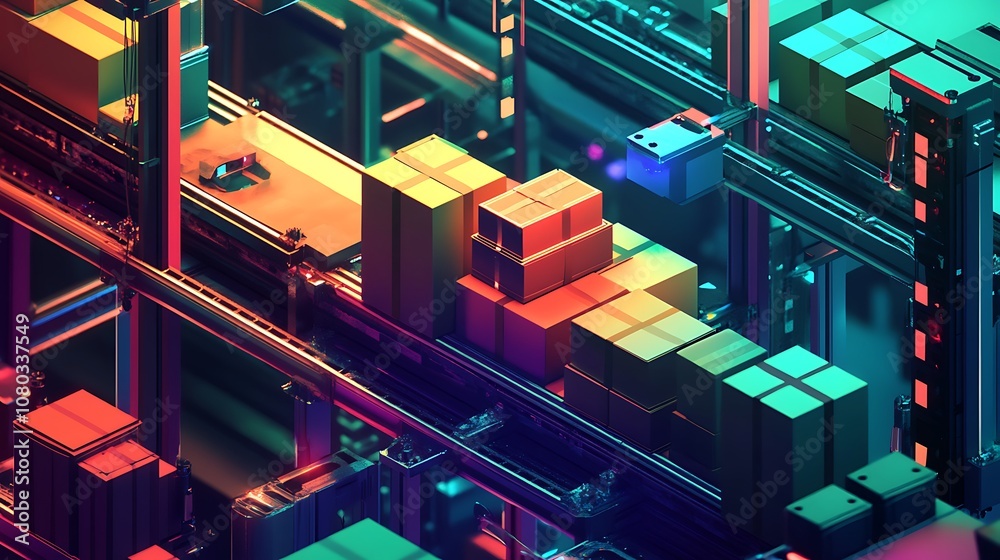 A vibrant, futuristic warehouse scene with colorful packages on automated conveyor systems. A vibrant, futuristic warehouse scene with colorful packages on automated conveyor systems.