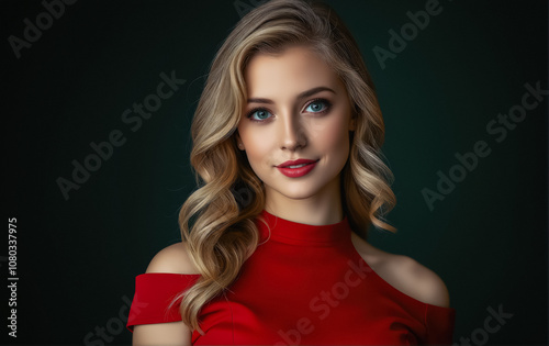 Young Woman in Red Off-the-Shoulder Dress with Blonde Wavy Hair, Ready for a Festive Christmas Party