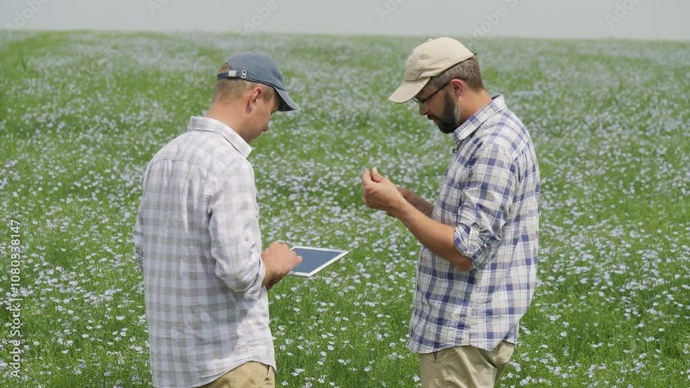 A team of young farmers, two men are discussing, inspecting the flowering of flax in the field, using a digital tablet A team of young farmers, two men are discussing, inspecting the flowering of flax in the field, using a digital tablet