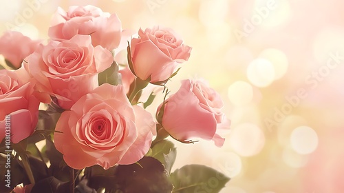 A bouquet of soft pink roses against a blurred background, evoking beauty and romance.
