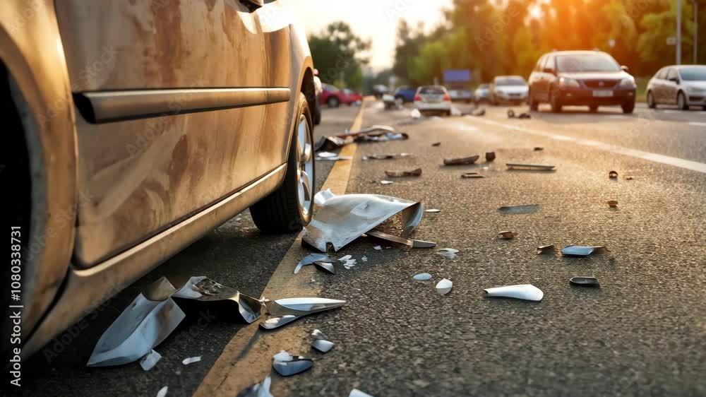 A silver car sits on the side of the road with its side mirror shattered and scattered on the asphalt