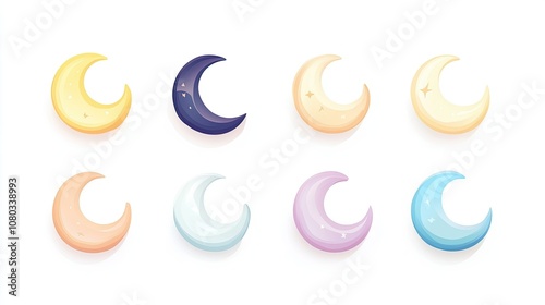 A Collection of Stylish and Colorful Moon Icons in Various Shades, Perfect for Designing Celestial Themes and Illustrative Projects for Creative Use