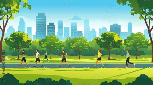 A cartoon illustration of people jogging in a city park with a skyline in the background.