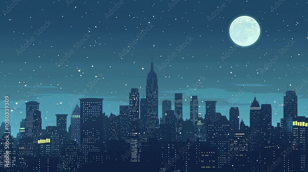 A stylized cityscape at night with a full moon and reflections in the water.