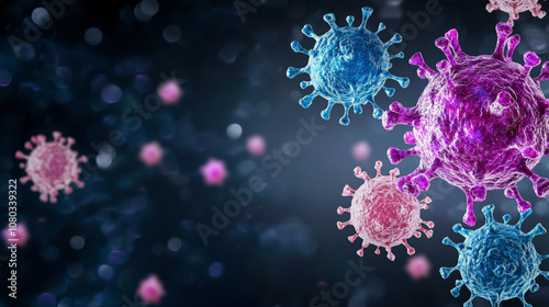 Vibrant illustration of immune cells, including NK cells, interacting with pathogens in dynamic environment. This captures complexity of immune response photo