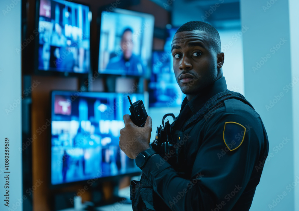 Black security man with walkie talkie and camera screens Black security man with walkie talkie and camera screens