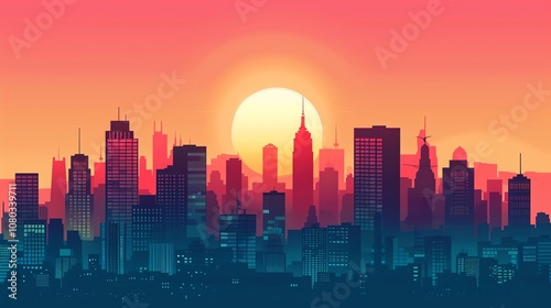 A stylized, digital illustration of a city skyline at sunset, with a large sun in the sky.