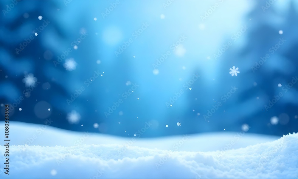 Snowy winter landscape with falling snowflakes against a blurred blue sky background. Snowy winter landscape with falling snowflakes against a blurred blue sky background.