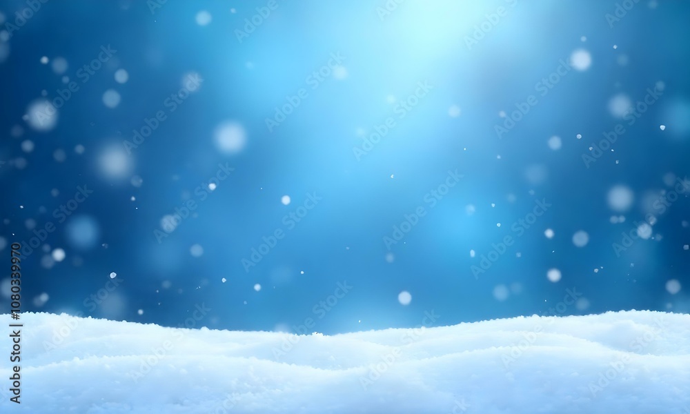 Naklejka premium Snowy winter landscape with falling snowflakes against a blurred blue sky background.