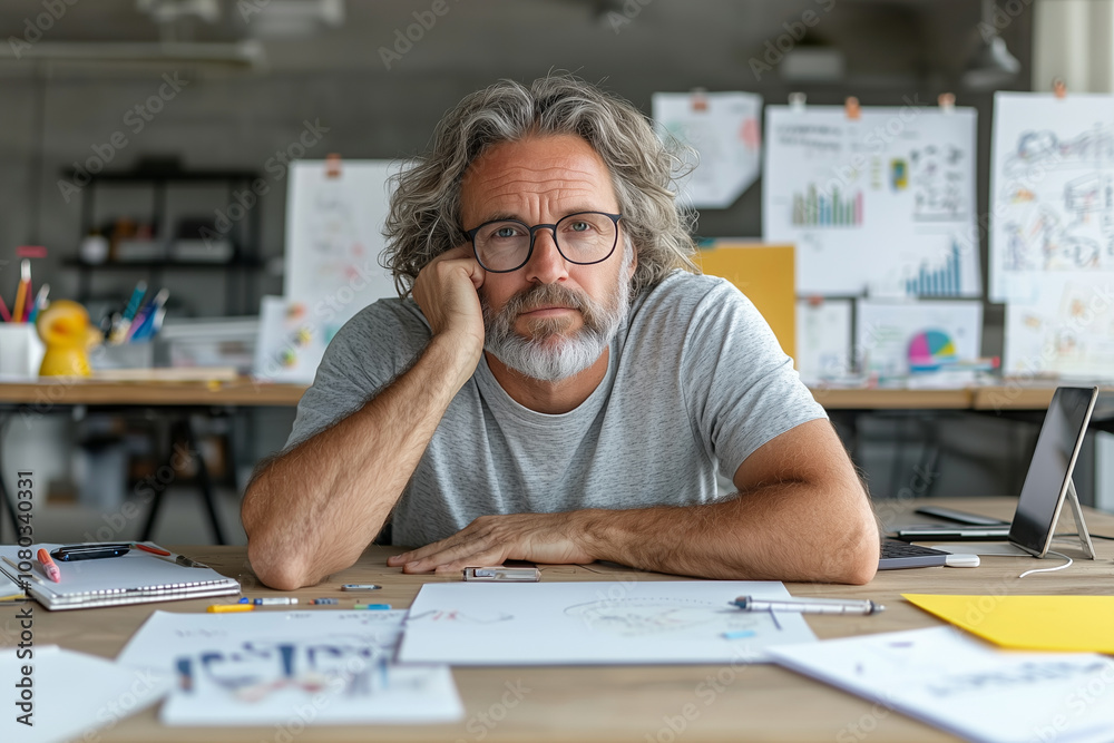 A thoughtful entrepreneur sits at cluttered desk, surrounded by sketches and notes, reflecting on creative ideas. atmosphere is filled with inspiration and determination A thoughtful entrepreneur sits at cluttered desk, surrounded by sketches and notes, reflecting on creative ideas. atmosphere is filled with inspiration and determination