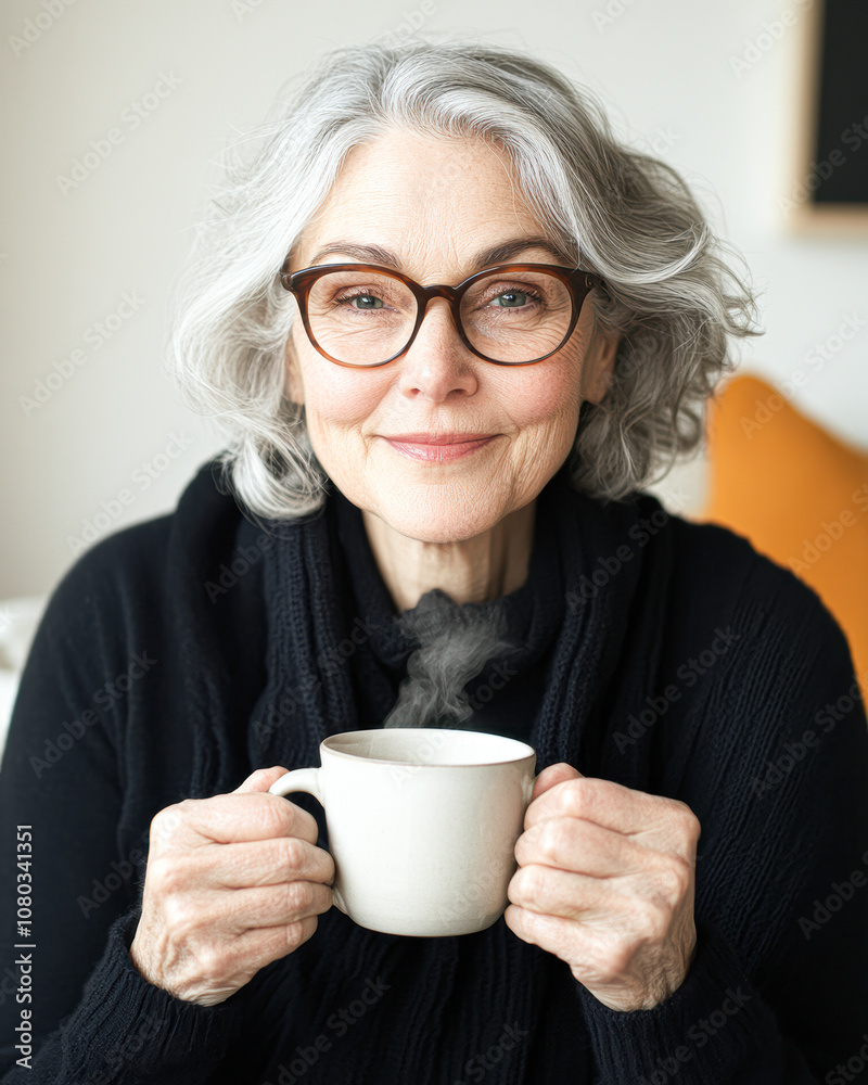 Elderly Woman Enjoys a Warm Cup of Coffee While Embracing Serenity and Comfort Elderly Woman Enjoys a Warm Cup of Coffee While Embracing Serenity and Comfort