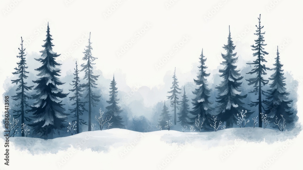 Fototapeta premium Watercolor drawing of a snow-covered forest in Scandinavian style. Drawing on a white background.
