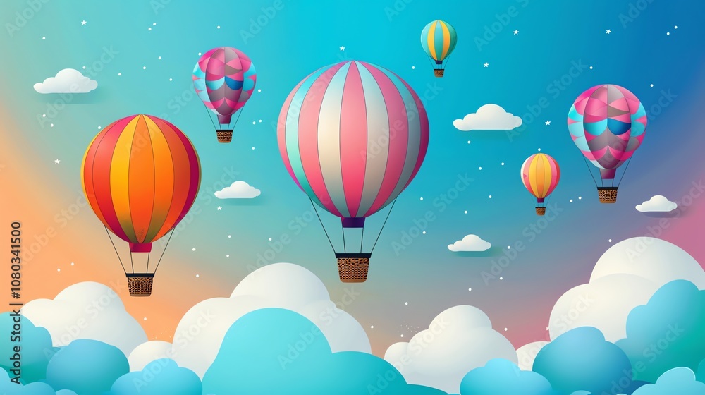 Naklejka premium A whimsical illustration of hot air balloons floating above clouds in a blue and pink sky.