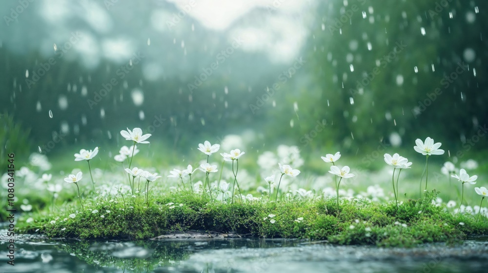 Delicate white wildflowers in rain, growing on moss covered ground. Ethereal nature scene with soft bokeh and raindrops. Magical spring garden atmosphere. 8k desktop wallpaper or digital backdrop Delicate white wildflowers in rain, growing on moss covered ground. Ethereal nature scene with soft bokeh and raindrops. Magical spring garden atmosphere. 8k desktop wallpaper or digital backdrop