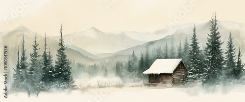 Watercolor drawing depicting a winter forest with snow-capped mountains and a wooden house on a light background.
