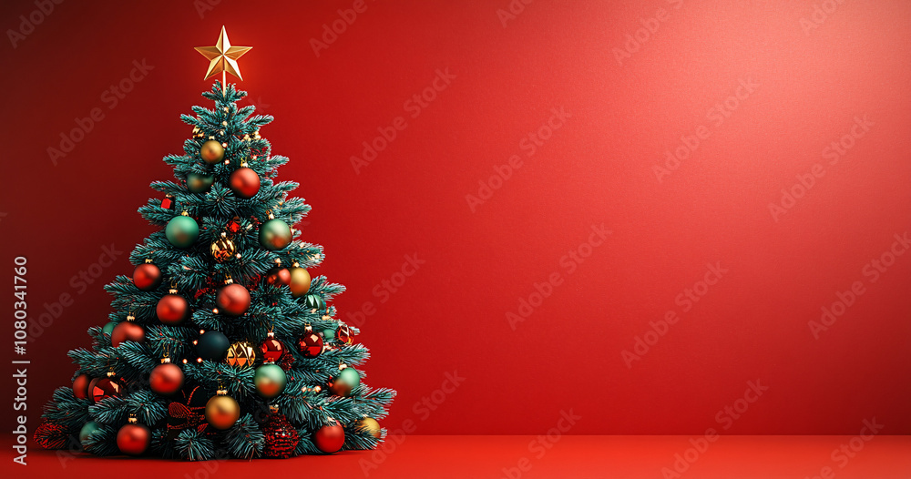 A vibrant 3d animated Christmas tree with colorful ornaments and a gold star on top, set against a festive red background, creating a cheerful and celebratory atmosphere.... A vibrant 3d animated Christmas tree with colorful ornaments and a gold star on top, set against a festive red background, creating a cheerful and celebratory atmosphere....