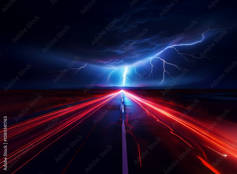 A long, straight road with a white dividing line cuts through a dark, stormy landscape. Red streaks of light flash in the distance while a powerful bolt of lightning illuminates the sky above. A long, straight road with a white dividing line cuts through a dark, stormy landscape. Red streaks of light flash in the distance while a powerful bolt of lightning illuminates the sky above.