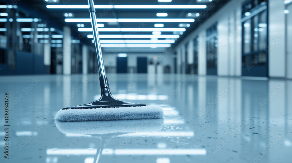 Pristine office setting with a close-up of an industrial mop creating a spotless shine on a polished floor, every movement leaving a reflection-free surface Pristine office setting with a close-up of an industrial mop creating a spotless shine on a polished floor, every movement leaving a reflection-free surface
