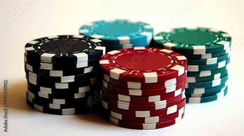 Colorful poker chips stacked on a white background, representing a vibrant atmosphere of excitement and strategy in gambling or card games.