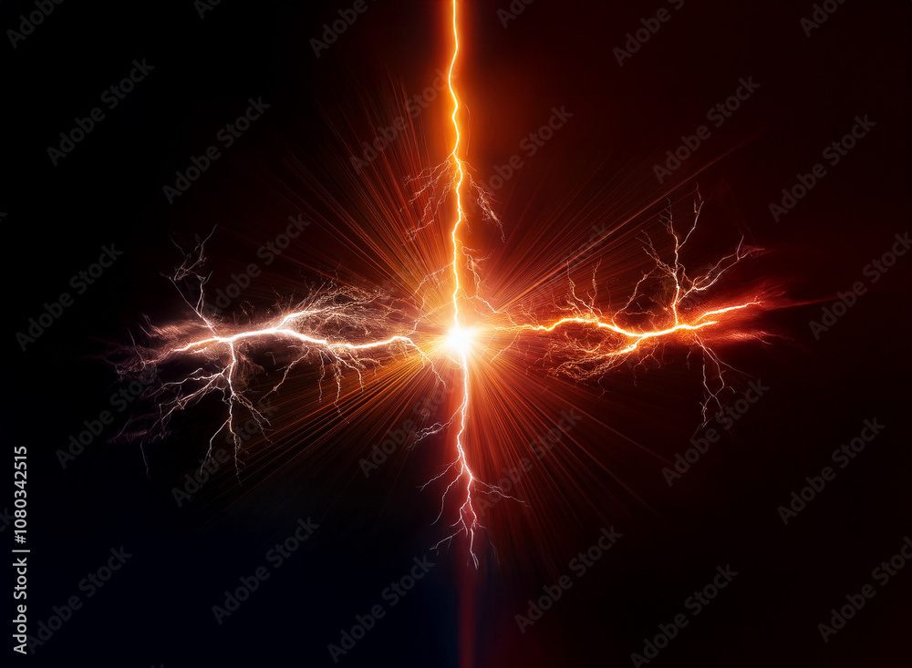Two streaks of lightning intersect in the center of the image, creating a brilliant flash of light. Two streaks of lightning intersect in the center of the image, creating a brilliant flash of light.