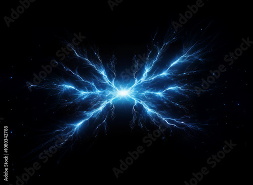 An abstract image of an electric blue lightning bolt radiating out from the center against a black background.