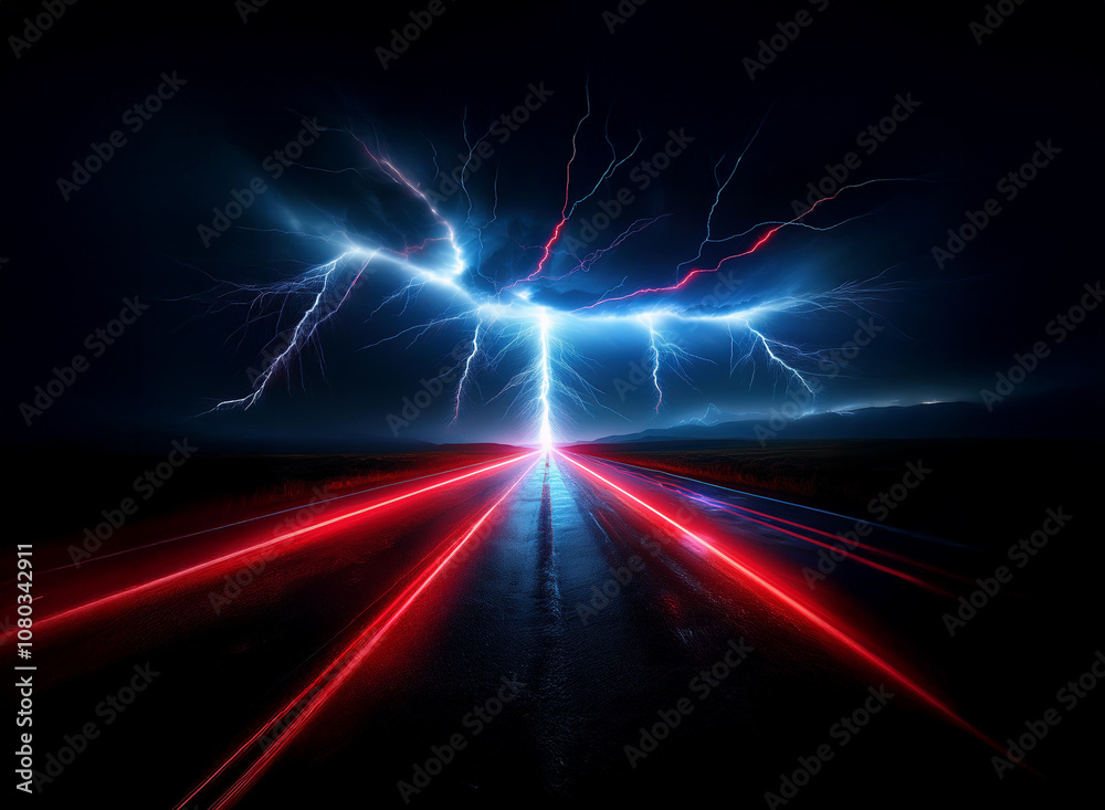 A highway cuts through a dark stormy night, illuminated by streaks of lightning and red headlights.