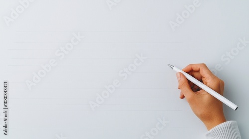 A hand holding a pen poised to write on a blank, light-colored wall, symbolizing creativity and new beginnings.