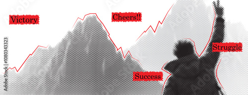 Banner based on victory and struggle. Halftone man and mountain at the background with motivating texts Collage style. Vintage trendy style. Vector illustration.