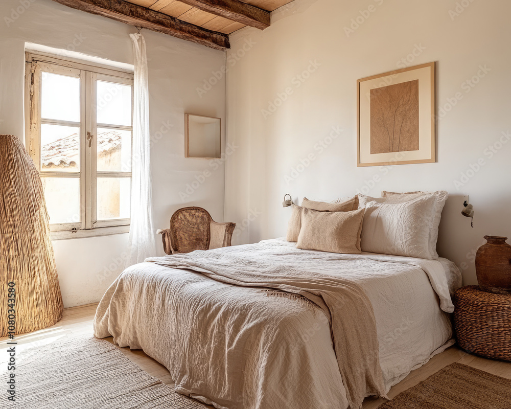 Fototapeta premium Bedroom with White Wall, Soft Beige Linens, and Simple Decor for a Calm Atmosphere