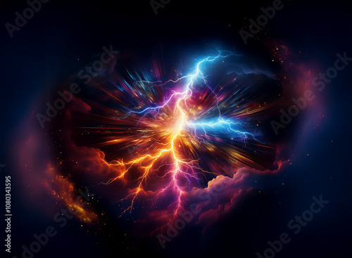 A fiery, glowing orb explodes with two streaks of lightning, one blue and one orange, amidst swirling clouds.