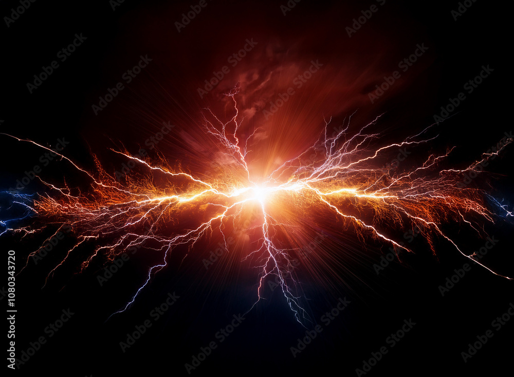 A bright flash of blue and orange lightning explodes in the center of a dark background. A bright flash of blue and orange lightning explodes in the center of a dark background.