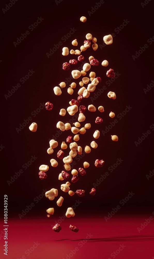 Floating Peanuts on Red Background Floating Peanuts on Red Background