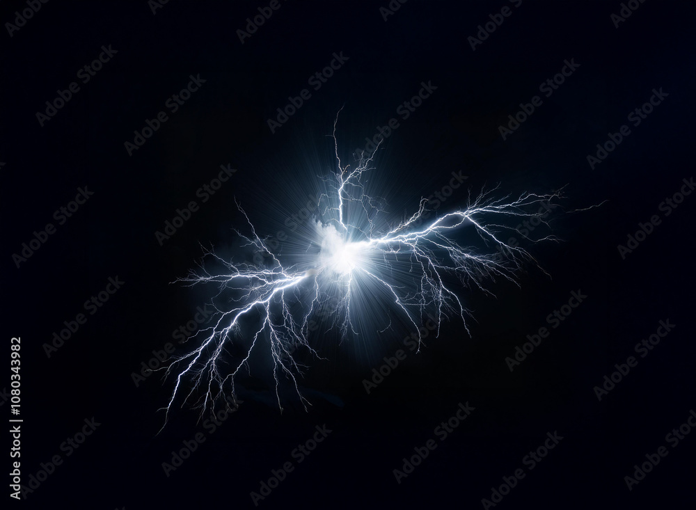 Obraz premium A bright, white, electric bolt of lightning bursts from a dark background.