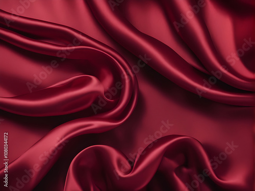 Dark red silk satin background. Bright folds on a shiny fabric. Valentine's Day. Luxury background with empty space for design. Top view web banner