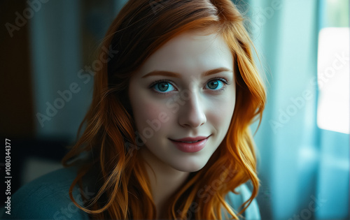 Beautiful Young Woman with Long Auburn Hair in Cozy Indoor Setting with Soft Lighting and Warm Tones photo