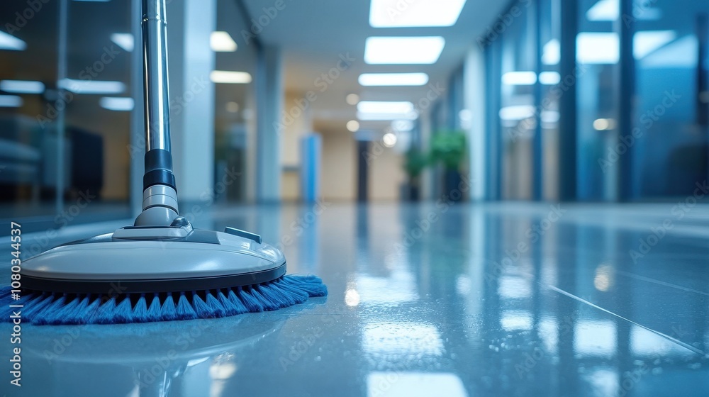 Floor scrubber in office hallway. This image is great for depicting cleaning services, commercial cleaning, and facility maintenance. Floor scrubber in office hallway. This image is great for depicting cleaning services, commercial cleaning, and facility maintenance.